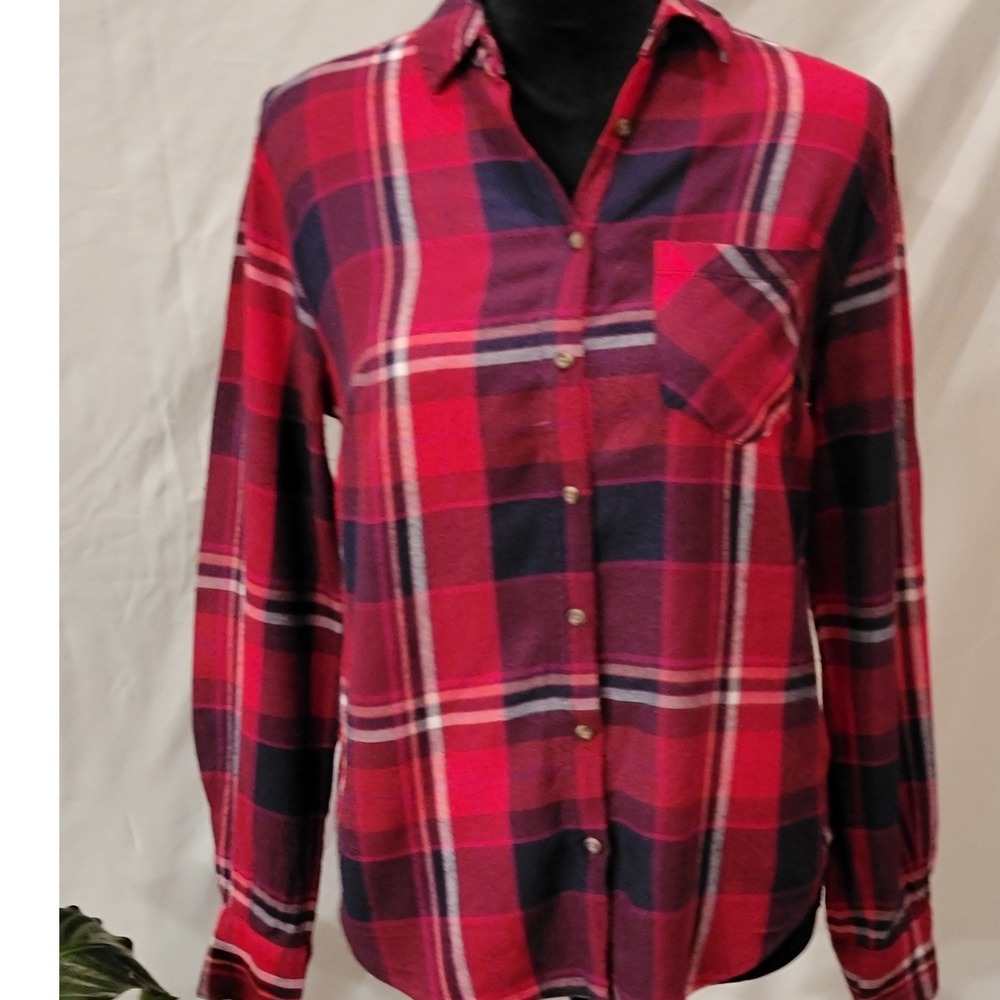 A New Day Womens Plaid Button Down Shirt Red Navy Blue XS Rayon Flannel Style